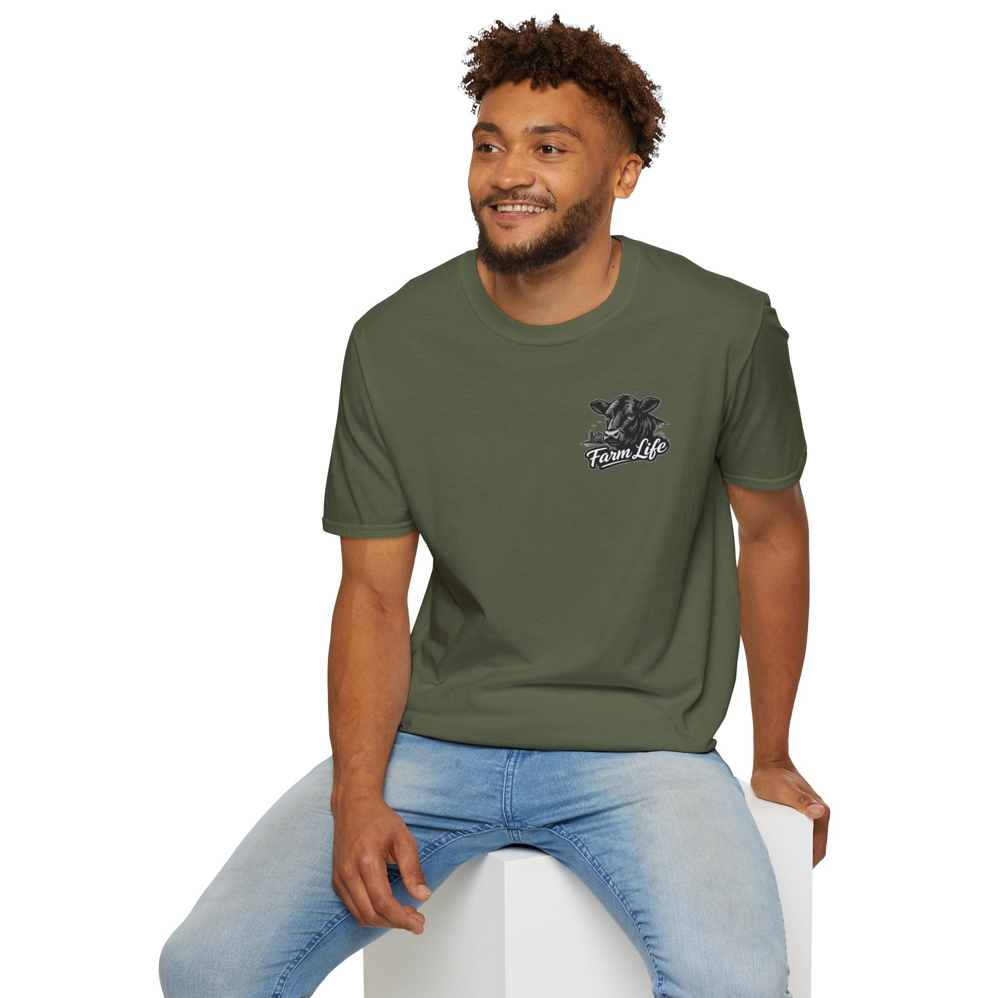 Man wearing a Farm Life T-Shirt, a soft crewneck tee for ranchers and outdoor enthusiasts.