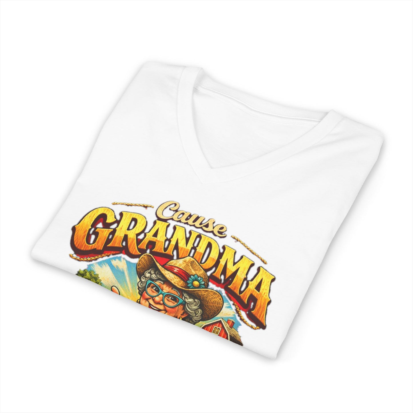 Grandma T-Shirt with colorful graphic and text 'Cause Grandma' on a white V-neck tee showcased on a flat surface.