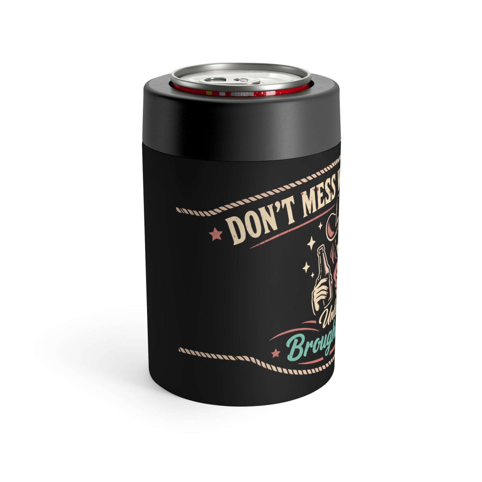 Western Can Holder in matte black with playful western design and slogan, perfect for keeping drinks cold.
