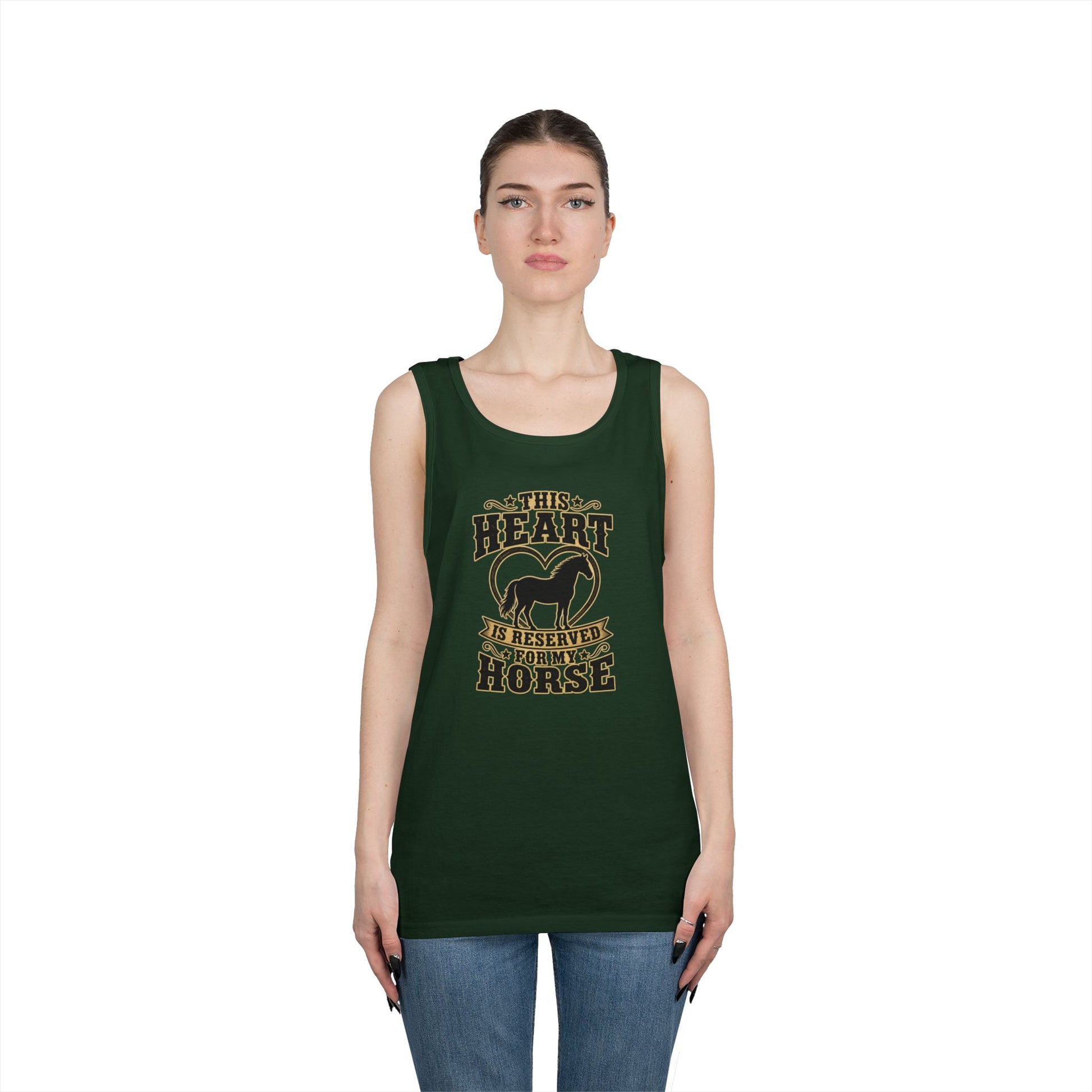 Horse Lover Tank Top featuring a mare silhouette and the phrase 'This Heart is Reserved for My Horse'.