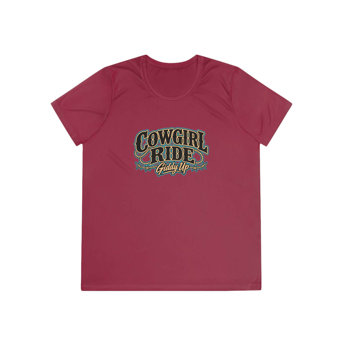 Cowgirl Ride Giddy Up Ladies Tee in maroon featuring vintage graphic design, perfect for horse lovers and rodeo fans.