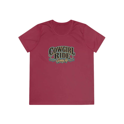 Cowgirl Ride Giddy Up Ladies Tee in maroon featuring vintage graphic design, perfect for horse lovers and rodeo fans.