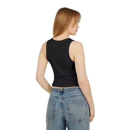 Back view of a woman wearing a Women Racer Tank paired with high-waisted jeans, showcasing a modern, casual look.