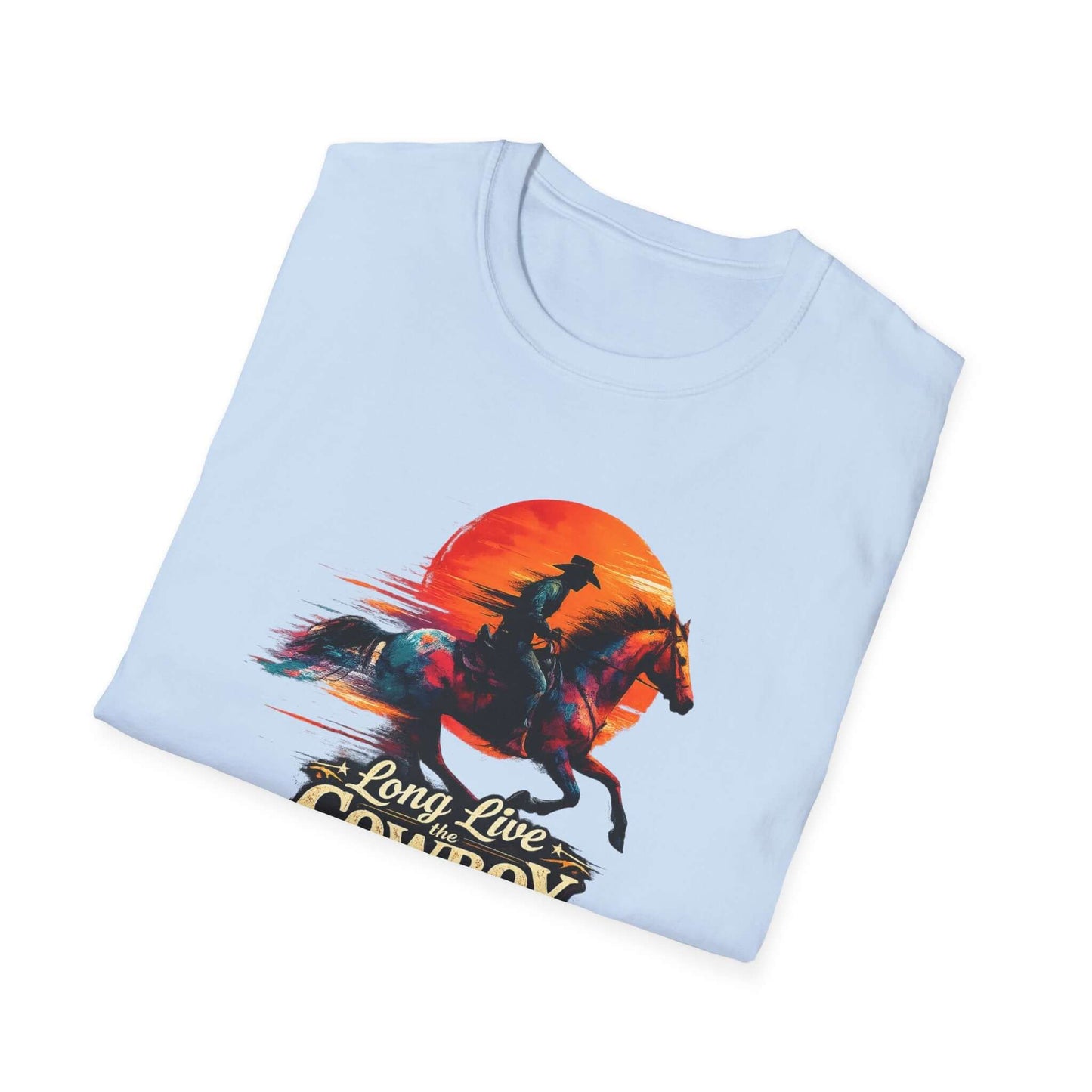Long Live the Cowboy t-shirt featuring a horse silhouette and sunset design, perfect for western enthusiasts.