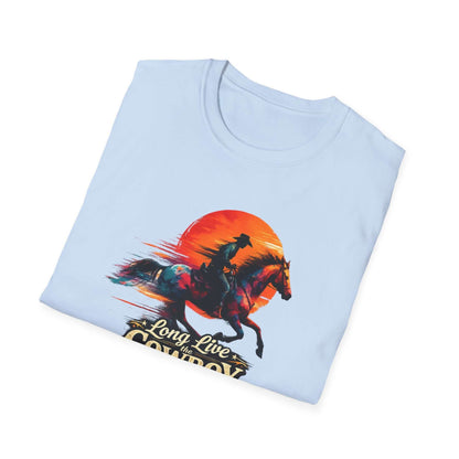 Long Live the Cowboy t-shirt featuring a horse silhouette and sunset design, perfect for western enthusiasts.