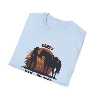 Horse Lover T-Shirt, cowgirl apparel featuring a silhouette of a rider and horse against a sunset background.