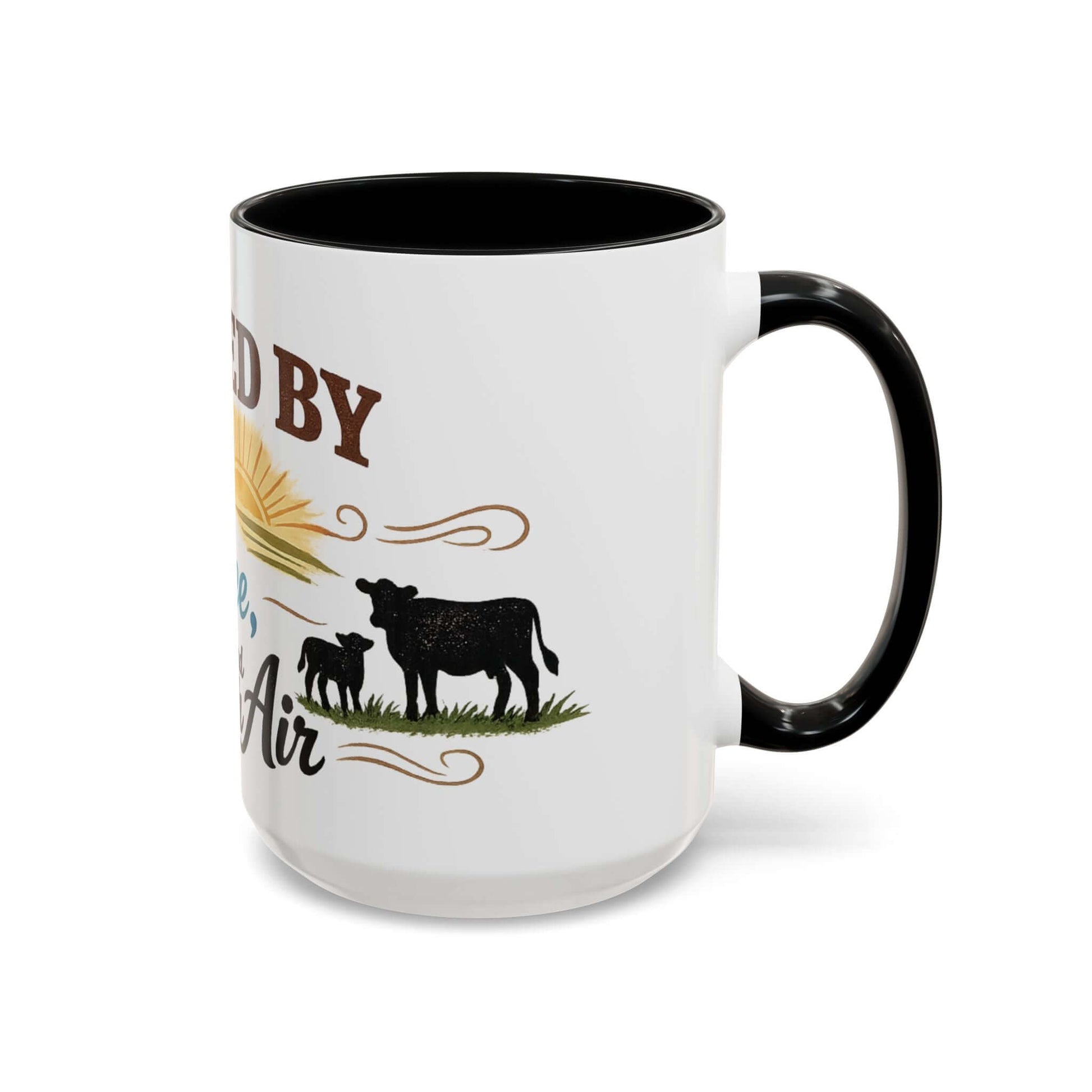 Cow Lovers Mug featuring artwork of cows, sunrise, and playful lettering, perfect for farm lovers.