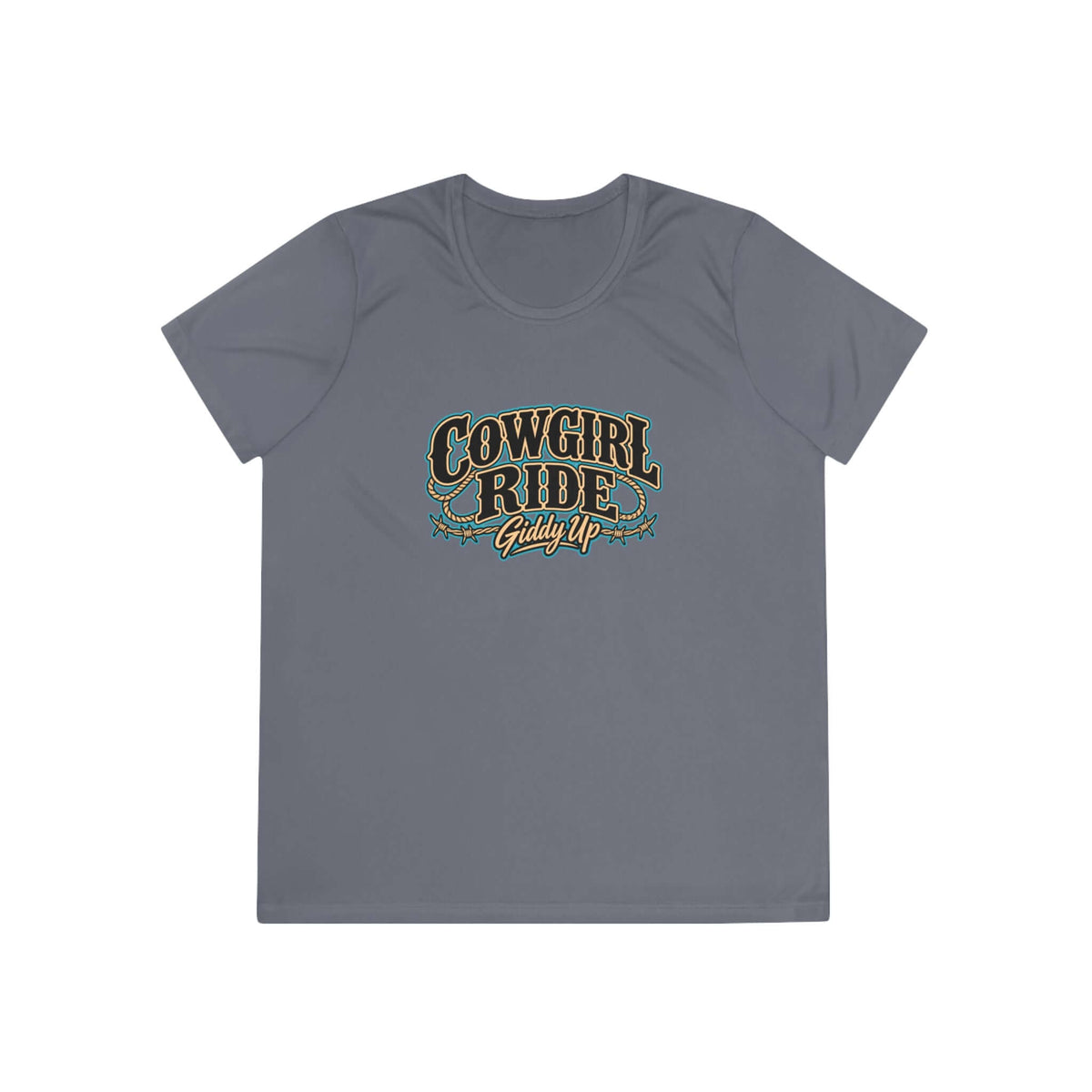Cowgirl Ride Giddy Up Ladies Tee in gray with vintage western graphic design.
