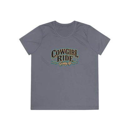 Cowgirl Ride Giddy Up Ladies Tee in gray with vintage western graphic design.