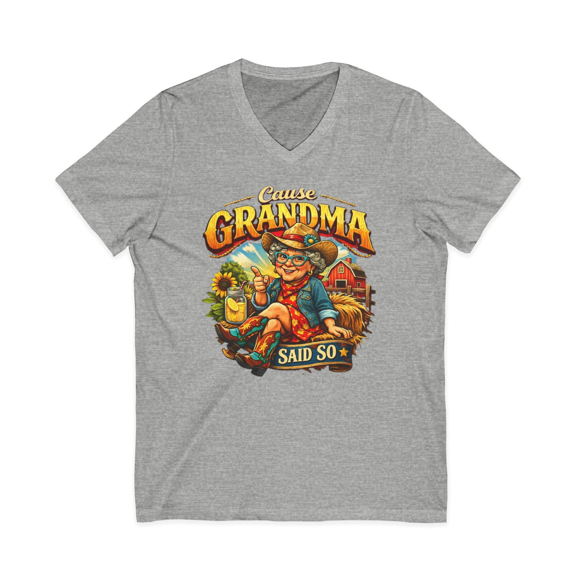 Grandma T-Shirt featuring a funny design with the phrase 'Cause Grandma Said So' on a gray V-Neck Tee.