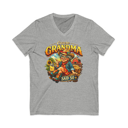 Grandma T-Shirt featuring a funny design with the phrase 'Cause Grandma Said So' on a gray V-Neck Tee.