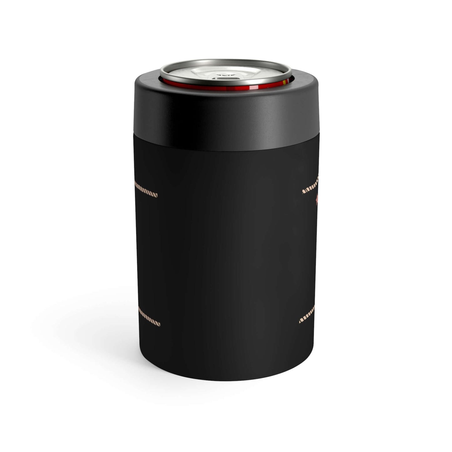 Western Can Holder, stylish matte black drink coolie with screw-on lid for insulation and condensation control.