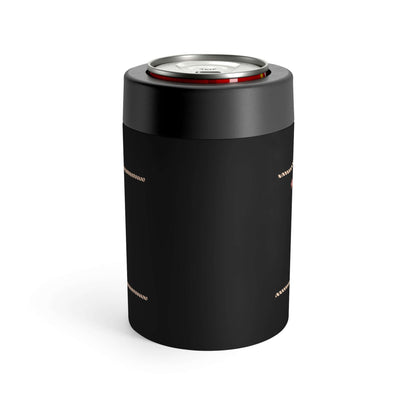 Western Can Holder, stylish matte black drink coolie with screw-on lid for insulation and condensation control.