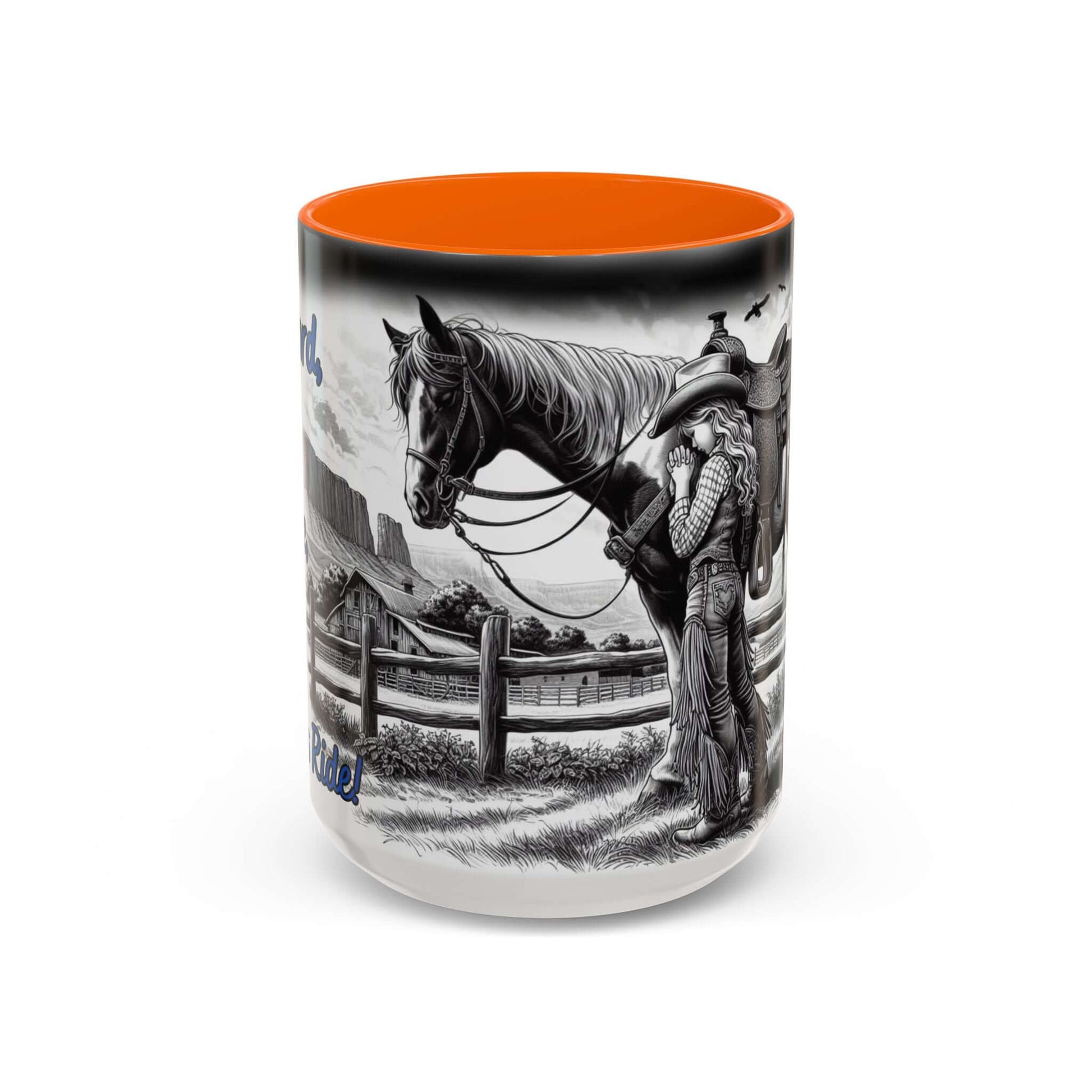 Praying Cowgirl Coffee Mug featuring a young cowgirl with her horse, perfect gift for equestrian enthusiasts.