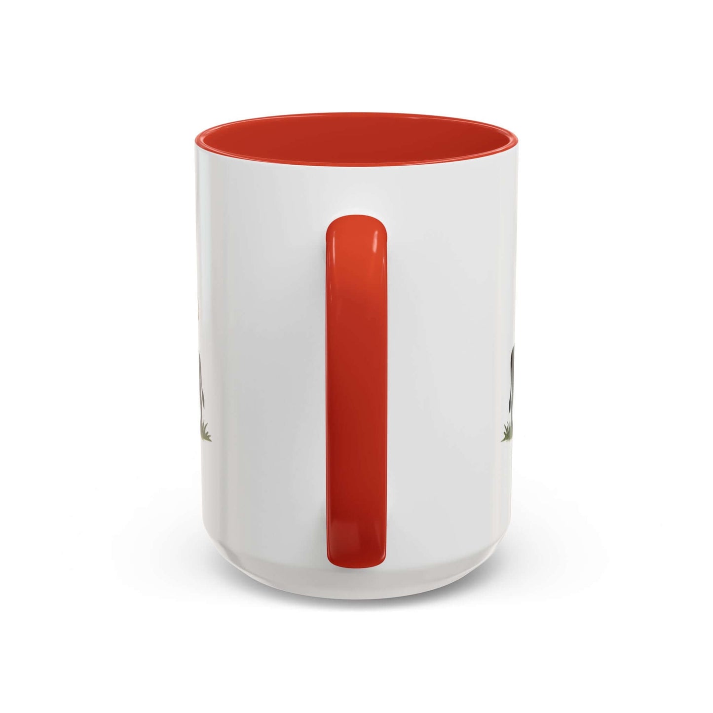Cow Lovers Mug featuring a vibrant red handle and a charming cow design on a white ceramic surface.