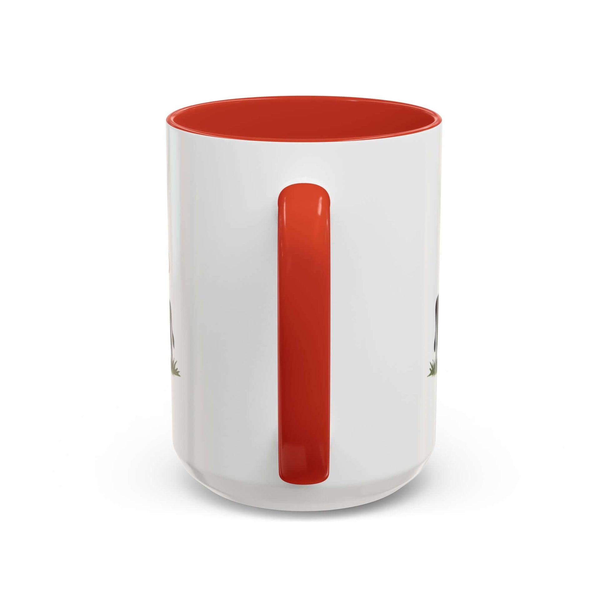 Cow Lovers Mug featuring a vibrant red handle and a charming cow design on a white ceramic surface.