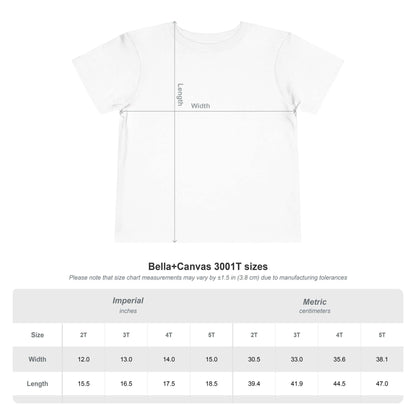 Toddler Cowgirl Tee size chart with measurements in inches and centimeters for different toddler sizes.