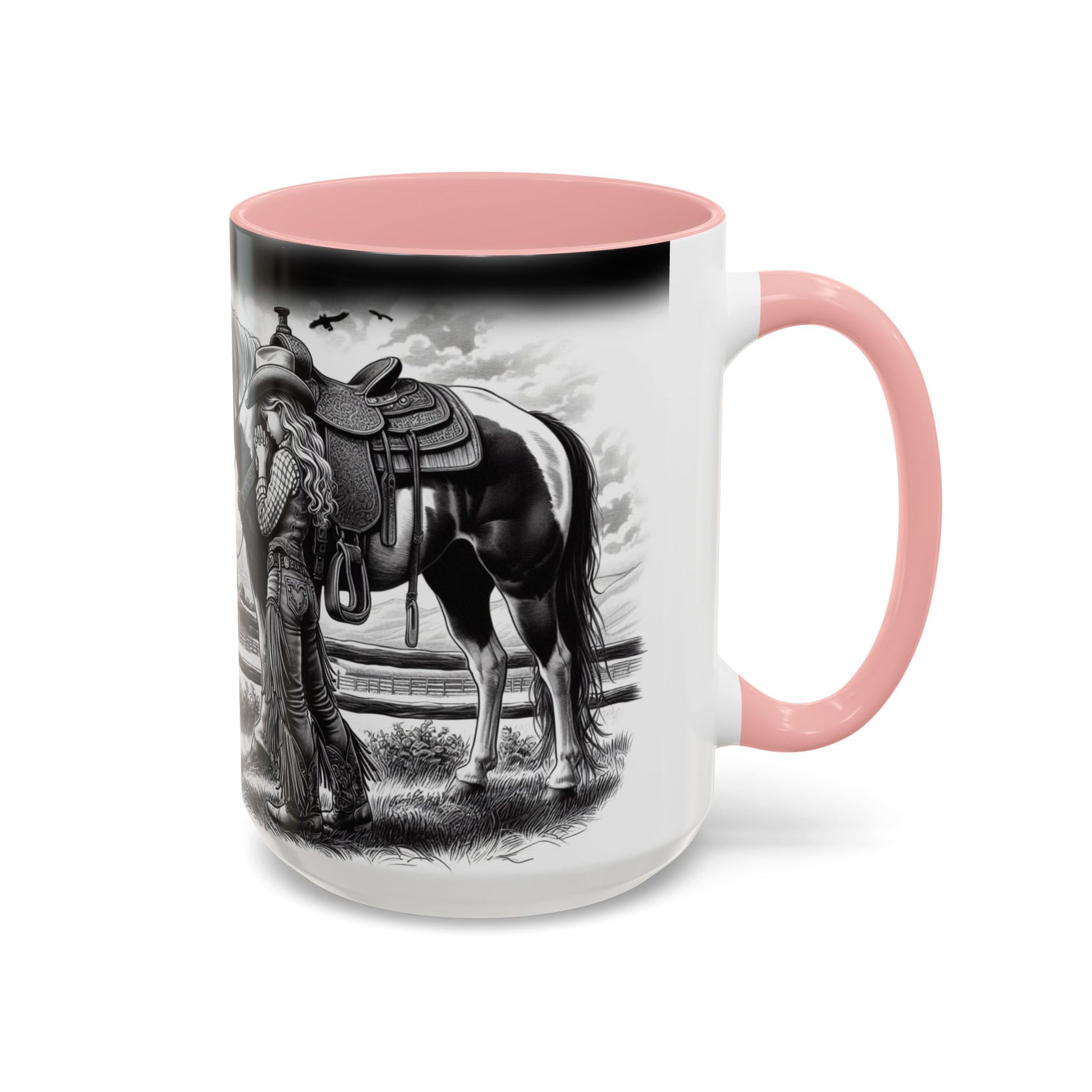 Praying Cowgirl Coffee Mug featuring a girl with her horse, perfect gift for equestrian enthusiasts.