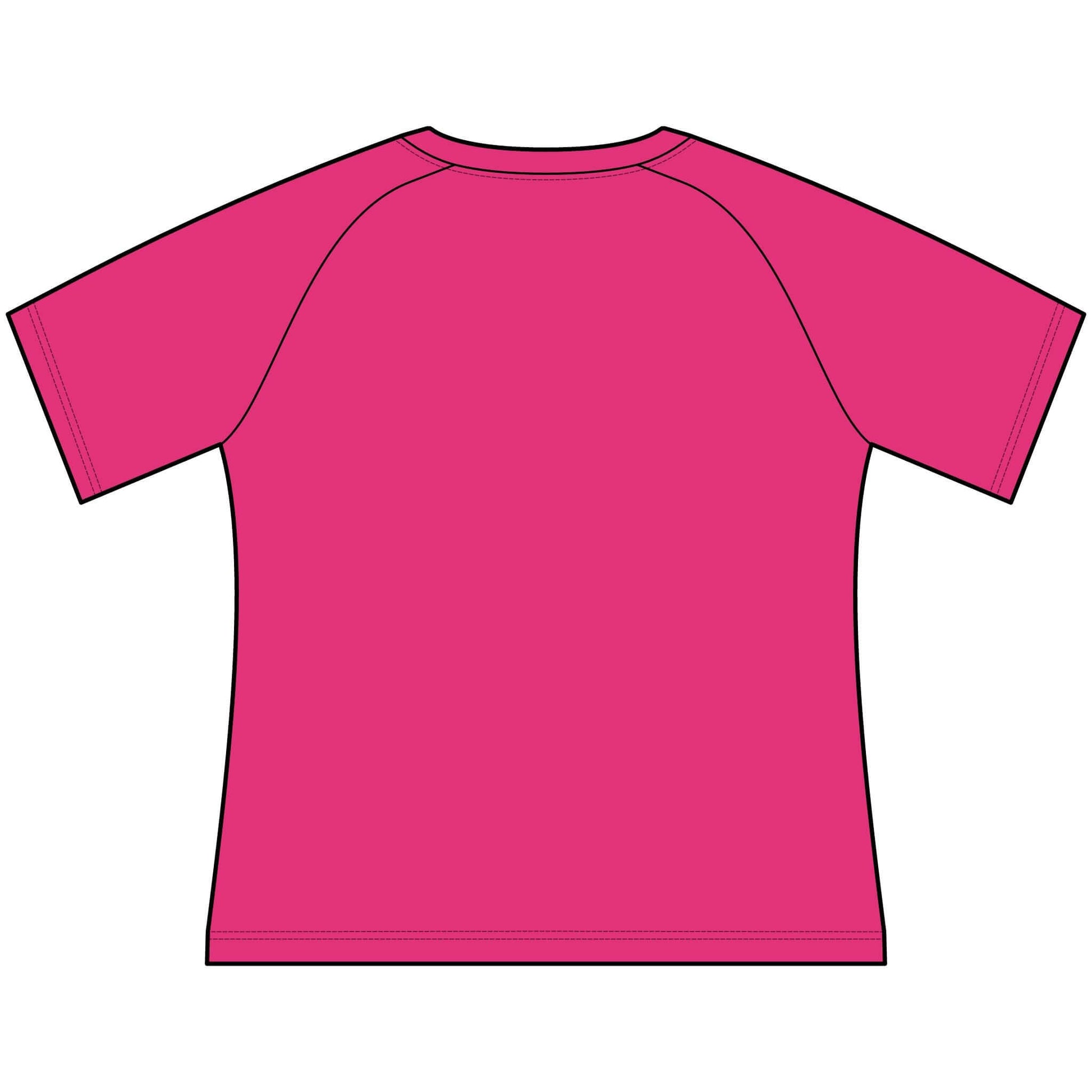 Back view of a bright pink Funny Cowgirl T Shirts for Women, scoop neck raglan tee.
