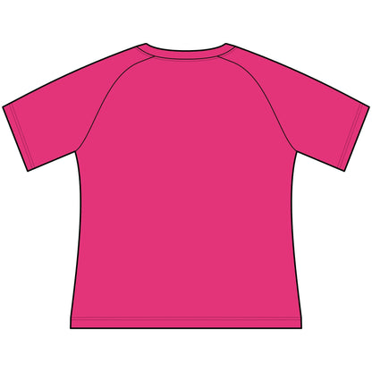 Back view of a bright pink Funny Cowgirl T Shirts for Women, scoop neck raglan tee.