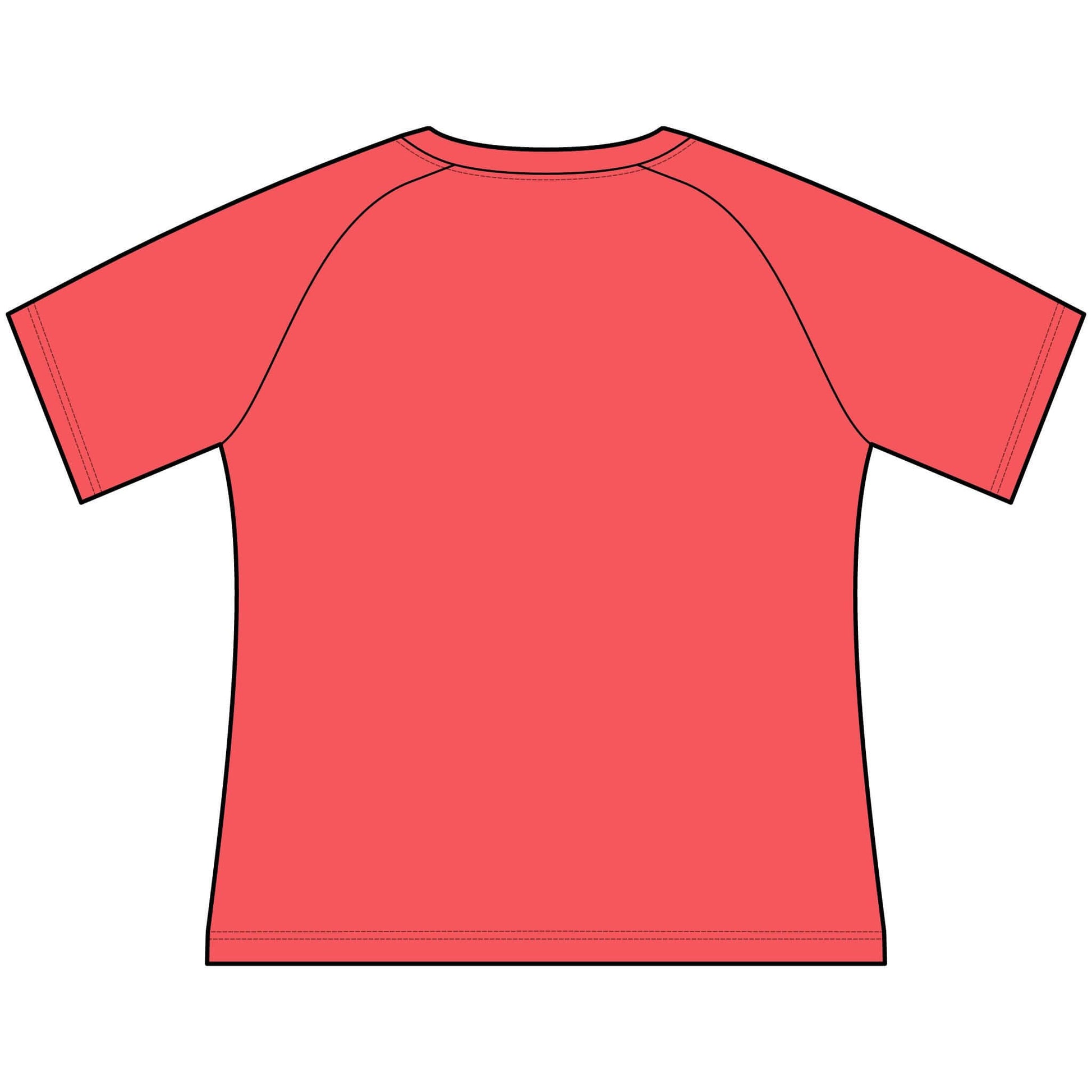 Back view of a Funny Cowgirl T Shirt for Women, Scoop Neck Raglan Tee in coral color.