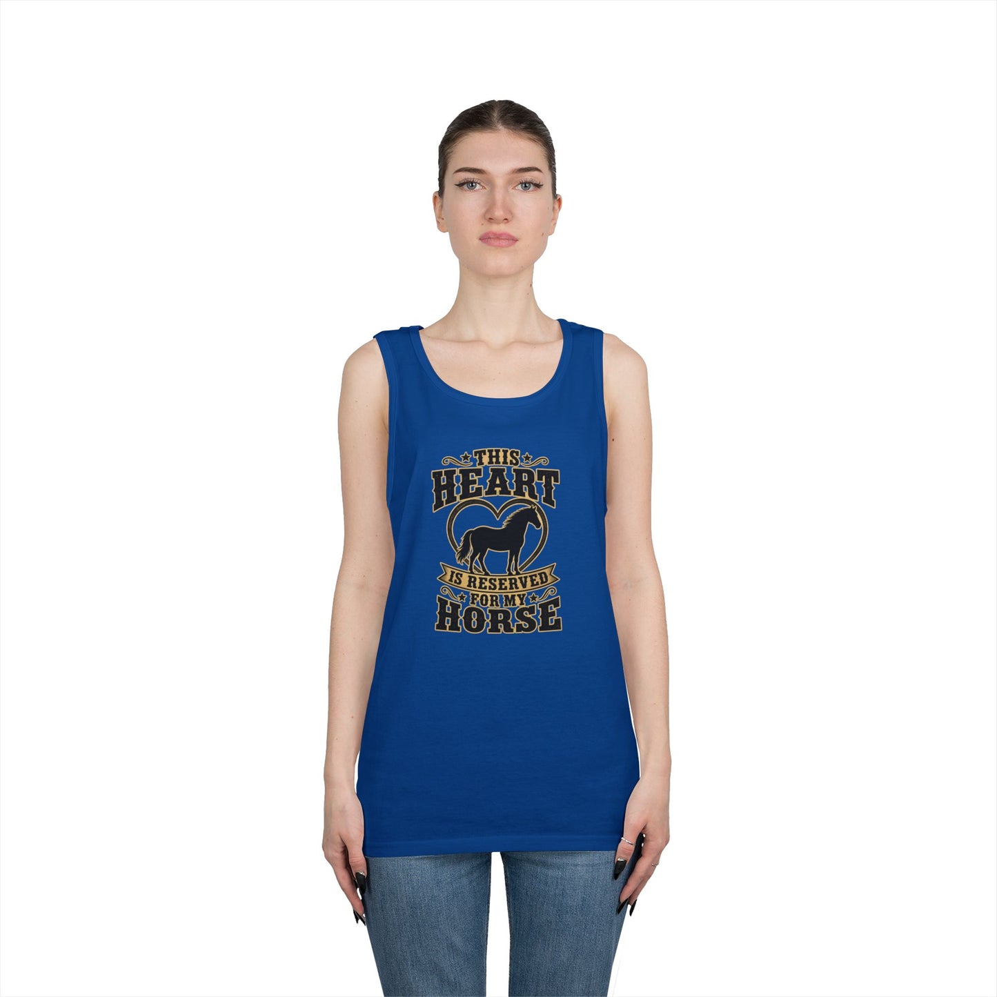 Horse Lover Tank Top featuring a graphic that reads 'This Heart is Reserved for My Horse' on a blue tank.