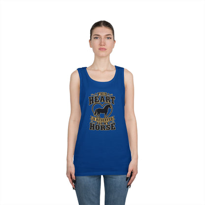 Horse Lover Tank Top featuring a graphic that reads 'This Heart is Reserved for My Horse' on a blue tank.