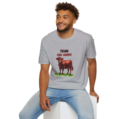 A smiling man wearing a gray Red Angus T-Shirt featuring a detailed Red Angus illustration and the text 'TEAM RED ANGUS'.