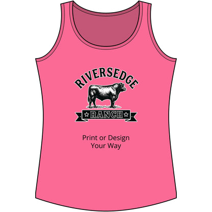 Personalize Tank Top featuring Riversedge Ranch design, perfect for farmers and ranchers, in vibrant pink.
