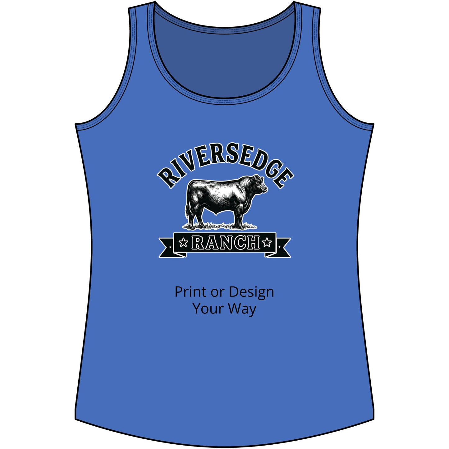 Personalize Tank Top, Riversedge Ranch custom shirt design for farmers and ranchers, blue tank top with cow graphic.