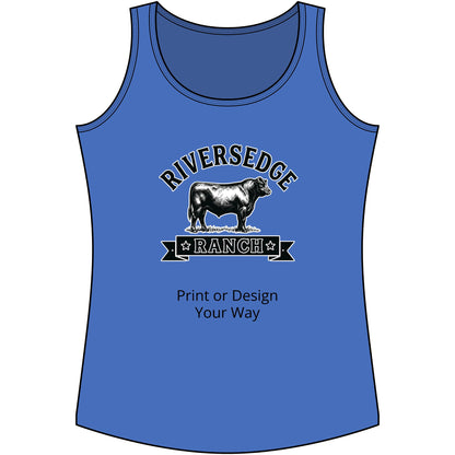 Personalize Tank Top, Riversedge Ranch custom shirt design for farmers and ranchers, blue tank top with cow graphic.