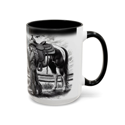 Praying Cowgirl Coffee Mug with a rustic design featuring a girl and her horse, perfect for equestrian enthusiasts.