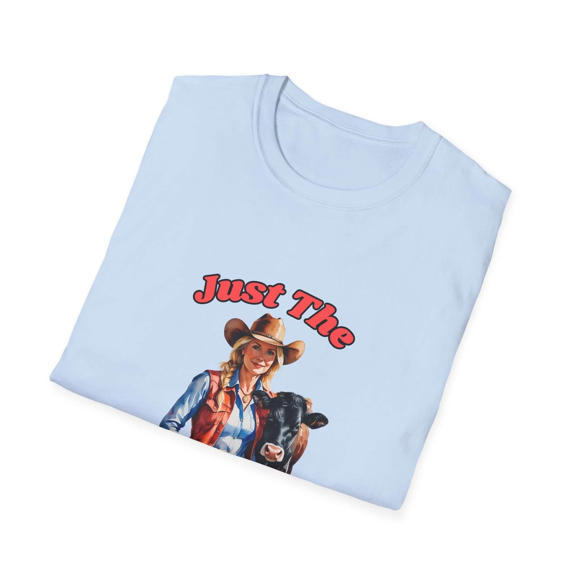 Funny Farm Wife Shirt featuring a smiling cowgirl with a cow, adding humor to farm life.