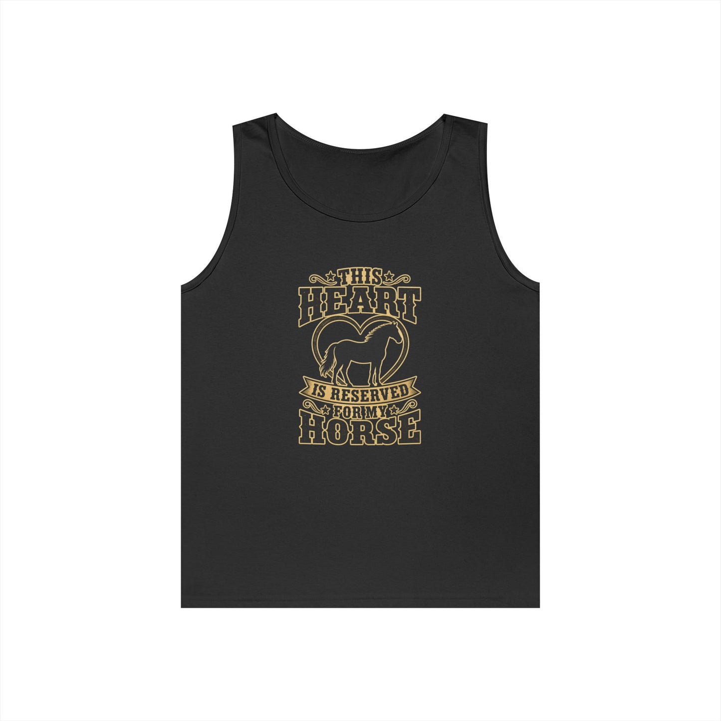 Horse Lover Tank Top featuring graphic "This Heart is Reserved for My Horse" on a black background.