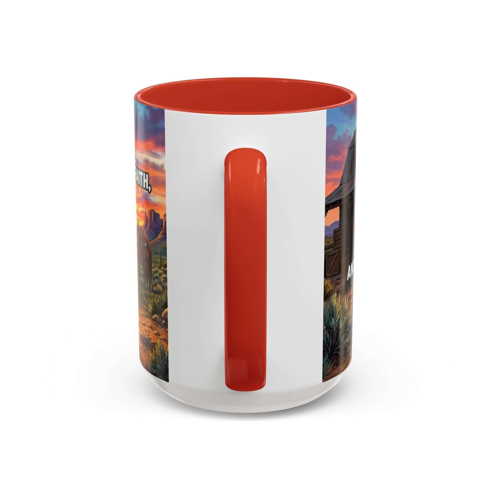 Cowboy Prayer Coffee Mug with colorful sunset design and red interior, perfect for Western themed coffee lovers.