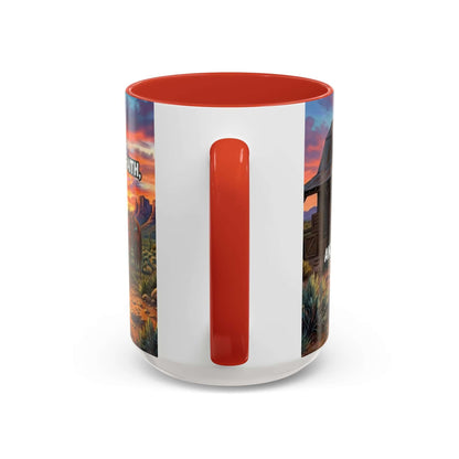 Cowboy Prayer Coffee Mug with colorful sunset design and red interior, perfect for Western themed coffee lovers.