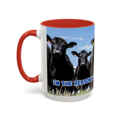 Black Angus Coffee Mug featuring humorous quote and black Angus cattle design with red handle.