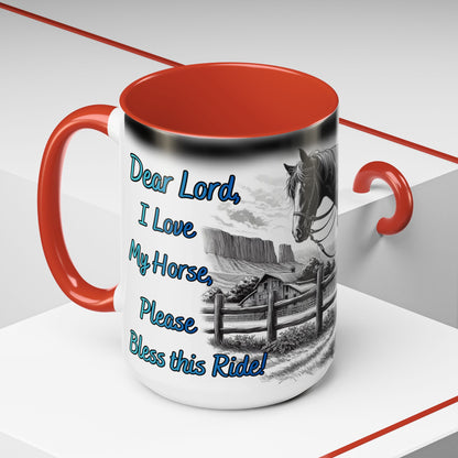 Praying Cowgirl Coffee Mug featuring a heartfelt design with a horse and uplifting text for equestrian enthusiasts.