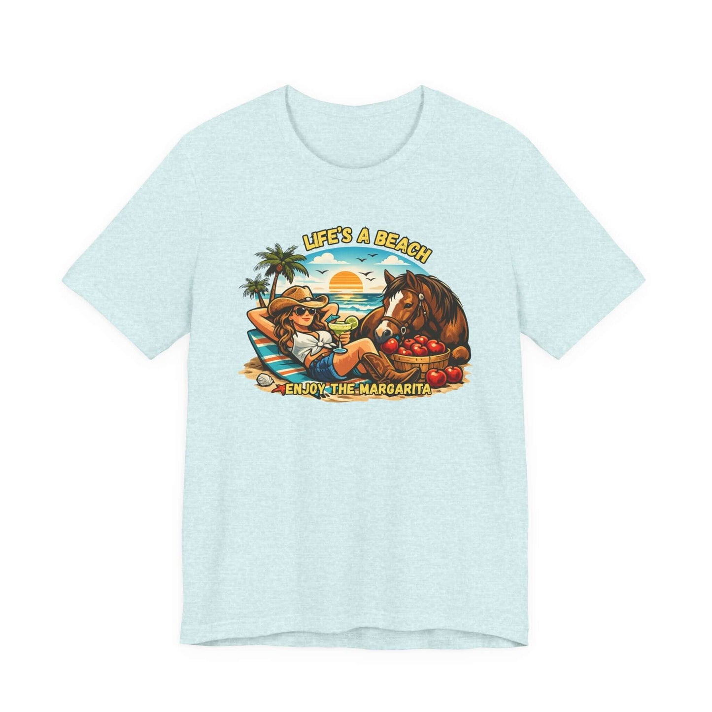 Life's A Beach Western Tee featuring a beach scene, sunset, and a horse, perfect for cowgirl apparel lovers.