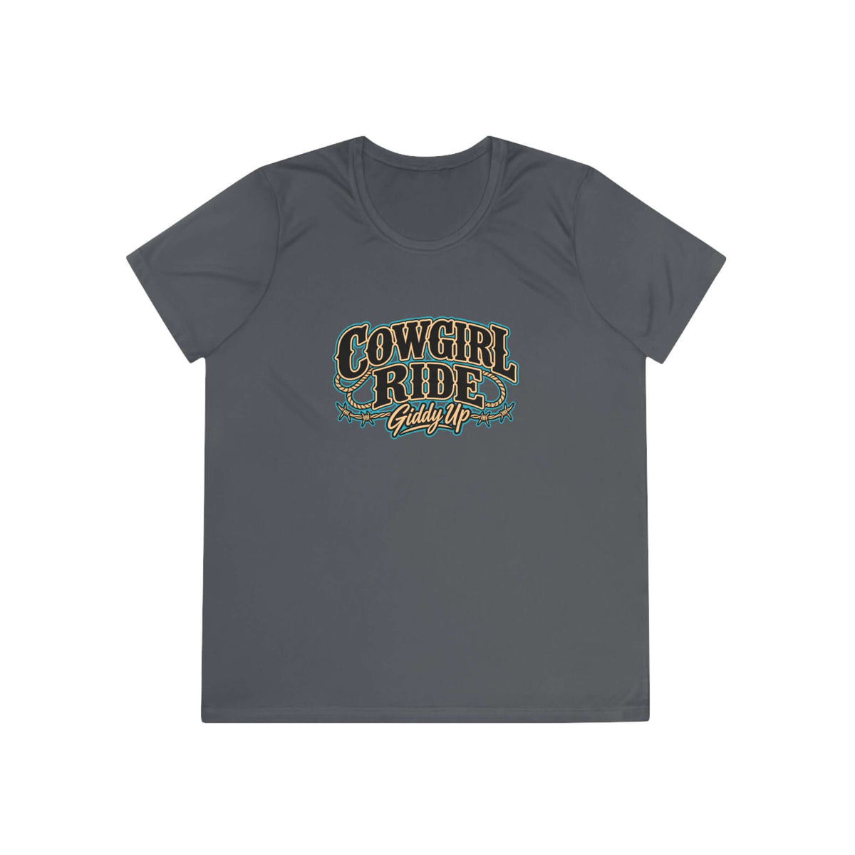 Cowgirl Ride Giddy Up Ladies Tee in dark gray with vibrant western graphic design.