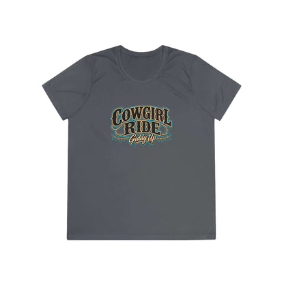 Cowgirl Ride Giddy Up Ladies Tee in dark gray with vibrant western graphic design.