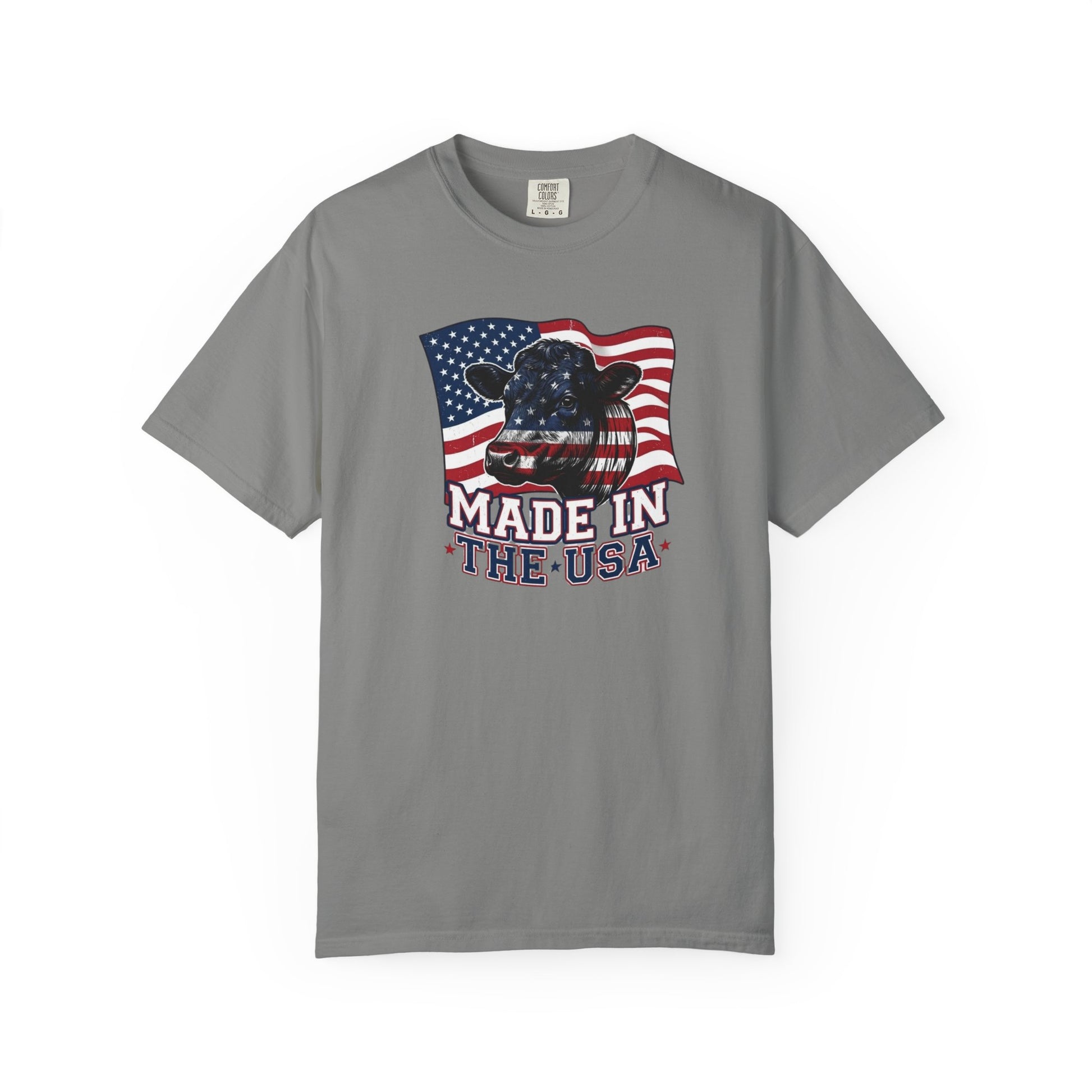 Rancher T-Shirt featuring a patriotic design with the phrase Made in the USA on a gray background.