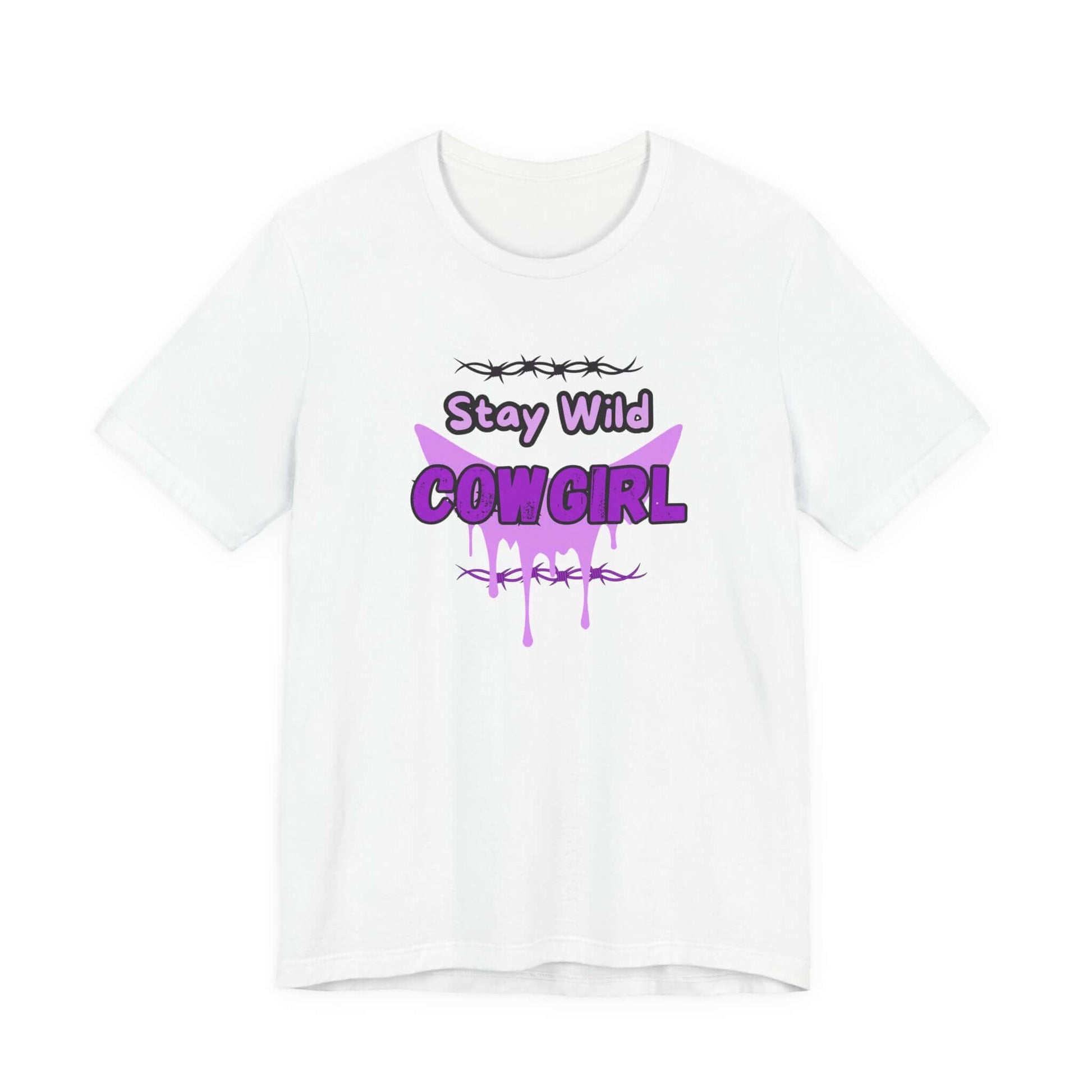 Cowgirl Western Tee featuring Stay Wild COWGIRL graphic in purple on a white t-shirt, showcasing a rebellious-western vibe.