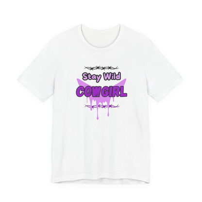 Cowgirl Western Tee featuring Stay Wild COWGIRL graphic in purple on a white t-shirt, showcasing a rebellious-western vibe.