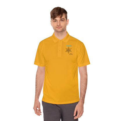Personalize Sport Polo Shirt in yellow worn by a man, perfect for ranch work and outdoor activities.