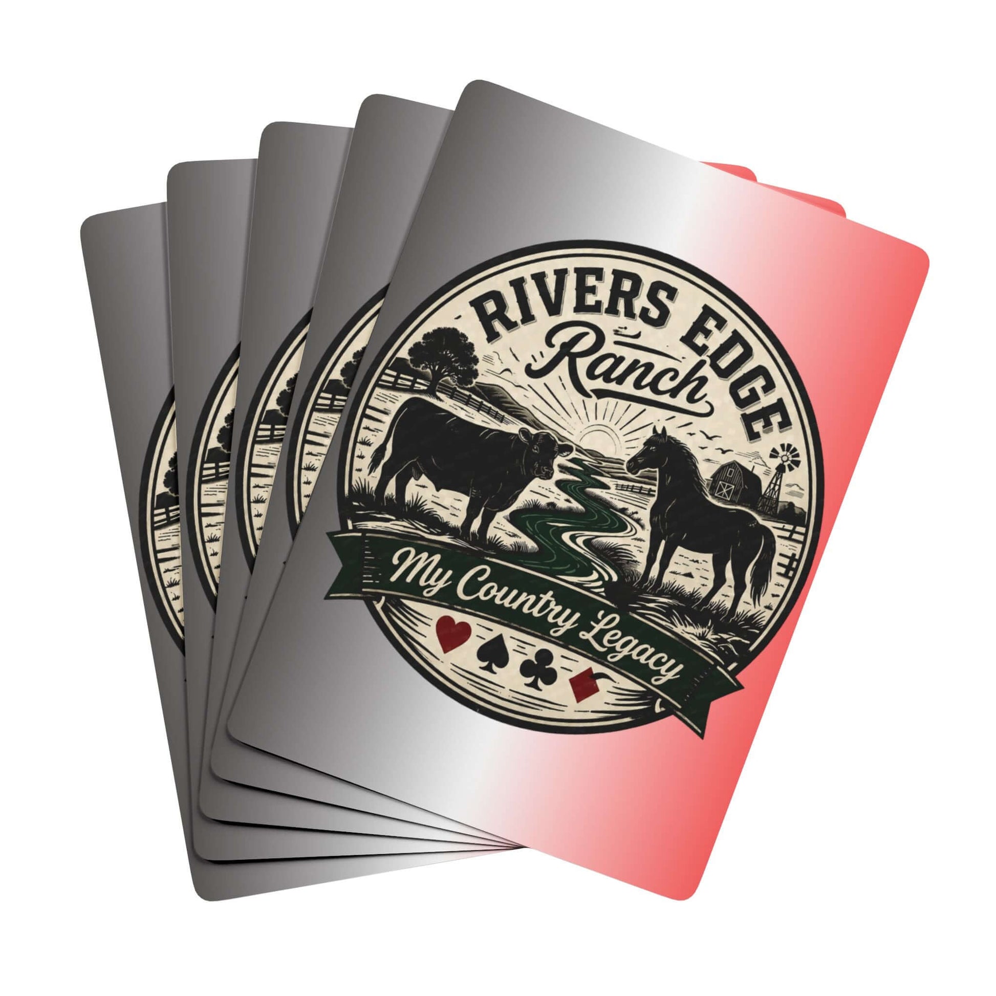 Personalized Playing Cards featuring Rivers Edge Ranch design with rustic imagery and poker symbols.