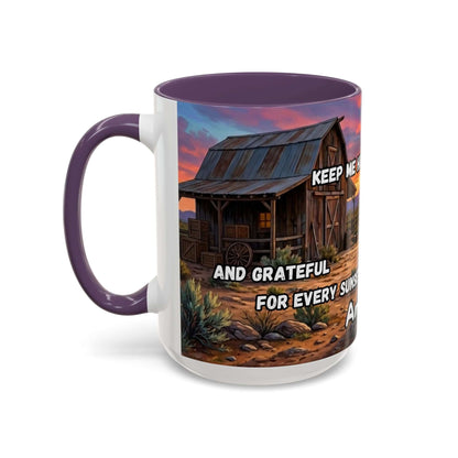 Cowboy Prayer Coffee Mug featuring a rustic barn design and inspirational prayer text, perfect for cowboy gifts and religious gifts.