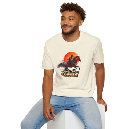 Man wearing Long Live the Cowboy Western Horse T-Shirt, featuring cowboy silhouette and sunset design.