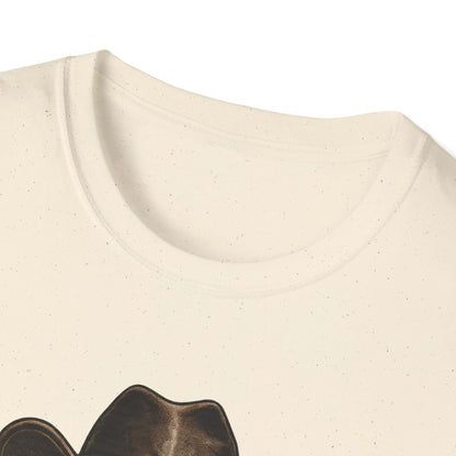 Detail of the collar and neckline of the Lucky Farm T-Shirt, featuring a vintage skull graphic.