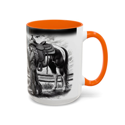 Praying Cowgirl coffee mug with heartwarming design of a girl embracing her horse, perfect for equestrian enthusiasts.